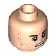 Minifig Head Bala-Tik, Dual Sided, Dark Brown Eyebrows and Stubble, Dark Orange around Eyes, Scared / Sneer Print [Hollow Stud]