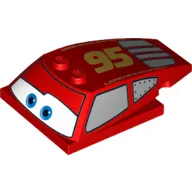 Brick Wedged, Curved 6 x 4 x 1 1/3 with 4 x 4 Base with Blue Eyes, Windows and '95' Print (Lightning McQueen)