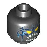 Minifig Head General Garg, Yellow Triangular Eyes, Blue Lightning on Front and Back, Pointed White Teeth Print [Hollow Stud]