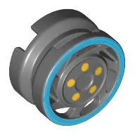 Wheel 11mm D. x 6mm with 7 Slanted Spokes with Blue Rim Edge and Yellow Bolts Print