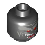 Minifig Head Garmadon, Light Bluish Gray Bushy Eyebrows, Red Eyes, Open Mouth Crooked Smile Right Raised with Fangs Print