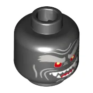 Minifig Head Garmadon, Light Bluish Gray Face Lines, Bushy Eyebrows, Red Eyes with Yellow Pupils, Open Mouth Smile Left Raised with Fangs and Red Tongue Print [Hollow Stud]