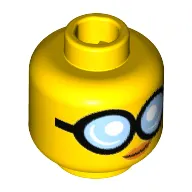 Minifig Head GPL Tech, Large Round Glasses with Bright Light Blue Lenses, Closed Mouth with Orange Lips, Slight Crooked Smile Print [Hollow Stud]