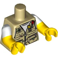 Torso, Dual Molded Arms, Vest with Zipper, Pockets, Fish Sign and Fishing Hooks Print, White Sleeves Pattern, Yellow Arms and Hands