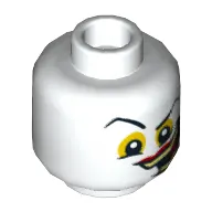 Minifig Head Joker, Raised Eyebrow, Yellow Eyes and Wide Crooked Grin with Red Lips and Yellowish Green Teeth Print [Hollow Stud]