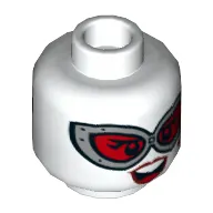 Minifig Head Harley Quinn, Dual Sided, Silver Goggles with Red Lenses, Red Lips, Teeth, Smile / Frown Print [Hollow Stud]