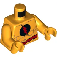 Torso Muscles, Red Flash Logo in Black Circle, Red Belt Print (Reverse Flash), Bright Light Orange Arms and Hands