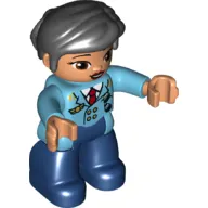 Duplo Figure with Thick Short Hair Combed over Forehead and Bun Black, Pilot, Dark Blue Legs, Medium Azure Top with Red Tie