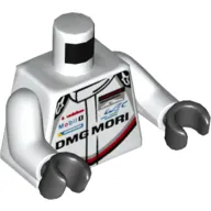 Torso Race Suit with 'PORSCHE DMG MORI' and Black, Red and Light Bluish Gray Stripe on Front and Back Print, White Arms, Black Hands