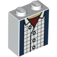 Brick 1 x 2 x 2 with Inside Stud Holder with Blue Jacket, White Blocked Shirt, Red Under Shirt, White Buttons print