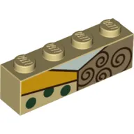 Brick 1 x 4 with Aqua, Yellow, Dark Tan Shapes, Dark Green Dots, Reddish Brown Curls