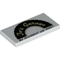 Tile 2 x 4 with Black Tire Half with Tan 'Jo's Garage' and Black 'BY ACCIDENT WE MEET' print