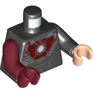 Torso, Odd Arms and Hands, Armor with Dark Red Chestplate, White/Light Blue Circle (Arc Reactor) Print (Iron Man), Left Black Arm and Light Nougat Hand, Right Dark Red Arm and Hand