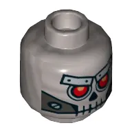 Minifig Head Robo Skeleton, Skull with Red Eyes, Metal Eyebrows with Rivets and Metal Jaw with Screws Print [Hollow Stud]