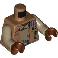 Torso Vest with Pockets and Red and Blue Lines on Shoulder, Open over Dark Tan Undershirt with Belt Print, Dark Tan Arms, Reddish Brown Hands