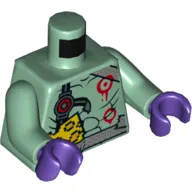 Torso Bare Chest, Black Shoulder Strap with Red Circle, Red Circle Paint, Silver Belt with Pixelated Cheese Print, Sand Green Arms, Dark Purple Hands