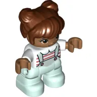 Duplo Figure Child with Two Buns on Top and Long Bangs Reddish Brown, With Light Aqua Legs, Coral and White Stripes on Shirt Print