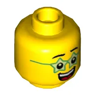Minifig Head Birthday Boy, Green Star Glasses, Big Smile with Tongue and Teeth Print