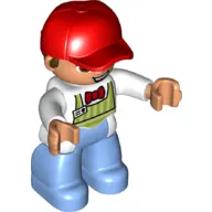 Duplo Figure with Cap Red, with Bright Light Blue Legs, Lime Apron, Red Bow Tie Print