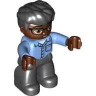 Duplo Figure with Thick Hair Combed Forward Black, with Black Legs, Shirt with Buttons and Pocket Print