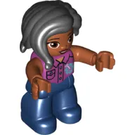 Duplo Figure with Long Hair Section in Front Black, with Brown Eyes, Dark Blue Legs, Magenta Shirt with Pockets, Buttons, and Collar with Blue Flower Print