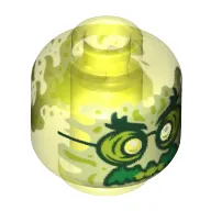 Minifig Head Ghost, with Yellowish Green Face, Bushy Eyebrows, Glasses, Angry and Flames in Back Print