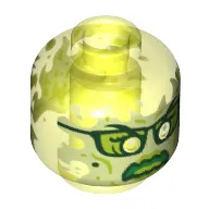 Minifig Head Ghost, with Yellowish Green Face, Glasses, Angry and Flames in Back Print