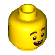 Minifig Head Hacksaw Hank, Reddish Brown Thick Eyebrows, Chin Dimple, Open Mouth Smile with Tongue / Angry with Black Eyemask Print
