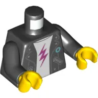 Torso Leather Jacket, Open over White Undershirt with Magenta Lightning Bolt Print, Black Arms, Yellow Hands