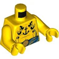 Torso Bare Chest with Anchors, Parrots, and Mermaids Tattoos, Blue Belt Print, Yellow Arms and Hands