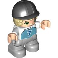 Duplo Figure Child with Short Hair and Riding Helmet Black, Light Bluish Gray Legs, Dark Azure Shirt with '7' Print