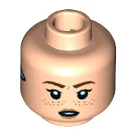 Minifig Head Aloy, Reddish Brown Eyebrows, Nougat Freckles and Lips, Silver Triangle on Sides, Closed Mouth / Open Mouth Print