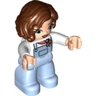 Duplo Figure with Long Hair Parted on Left Reddish Brown, With Bright Light Blue Legs, Coral Neckerchief Print