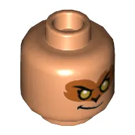 Minifig Head Evil Macaque, Dark Orange Around Gold Eyes with Smirk / Dark Red Around Eyes with White Right Eye and Grin Showing Teeth Print