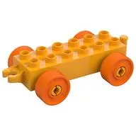 Duplo Car Base 2 x 6 with Fake Bolts, Open Hitch End and Orange Wheels