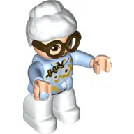 Duplo Figure with Hair in a Bun White, White Legs, Flowers Print, Dark Brown Glasses