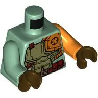 Torso, Odd Arms, Armor with Orange Shoulder Plate, and Belt with Pouches Print, Left Orange Arm, Right Sand Green Arm, Dark Brown Hands