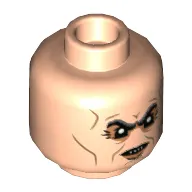 Minifig Head Griphook, Dark Bluish Gray Eyebrows, Nougat Lines and Eye Shadows, Smirk / Scowl with Fangs Print