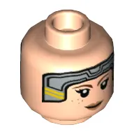 Minifig Head Bo-Katan Kryze, Light Bluish Gray Headset with Yellow Stripes, Reddish Brown Eyebrows, Peach Lips Print