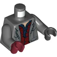 Torso, Odd Hands, Coat, Open over Dark Red Vest, Dark Blue Shirt Print, Dark Bluish Gray Arms, Left Black Hand, Right Dark Red Hand