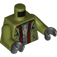 Torso Coat, Pockets, Open over Dark Red Hoodie and Dark Bluish Gray Undershirt with Yellow Symbol Print, Olive Green Arms, Black Hands