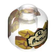 Minifig Head (No Face), Bottle / Jar, Leaves, Tan Label with Black Script Print