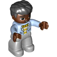 Duplo Figure with Thick Hair Combed Forward Black, Light Bluish Gray Legs, Jacket over Striped Sweater Print