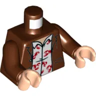Torso Jacket, Open over White Shirt with Red Scorpions Print, Reddish Brown Arms, Light Nougat Hands