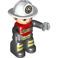 Duplo Figure with Helmet White, Black Legs, Jacket with Bright Light Yellow Safety Stripes, Fire Badge, and Radio Print (Firefighter)