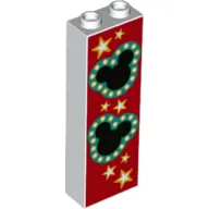 Brick 1 x 2 x 5 with Hollow Studs with Black Hidden Mickeys, Dark Turquoise Border, Stars and Red Background Print