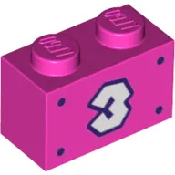 Brick 1 x 2 with White '3', Dark Purple Border, Dots print