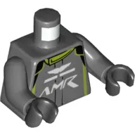 Torso Racing Jacket, Lime Trim, 'AMR' Logo Print, Dark Bluish Gray Arms, Black Hands