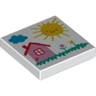 Tile 2 x 2 with Child's Drawing of a House, Sun, Cloud, and Flowers Print