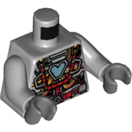 Torso, Iron Heart Armor MK I, Medium Blue 'V' Arc Reactor, Red Wires print, Light Bluish Gray Arms, Dark Bluish Gray Hands